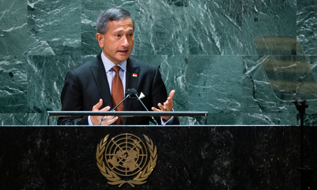 Bộ trưởng Ngoại giao Singapore Vivian Balakrishnan phát biểu tại phiên họp thứ 76 của Đại hội đồng Liên hợp quốc tại trụ sở Liên hợp quốc vào ngày 25/9/2021 ở New York - Ảnh: Getty Images