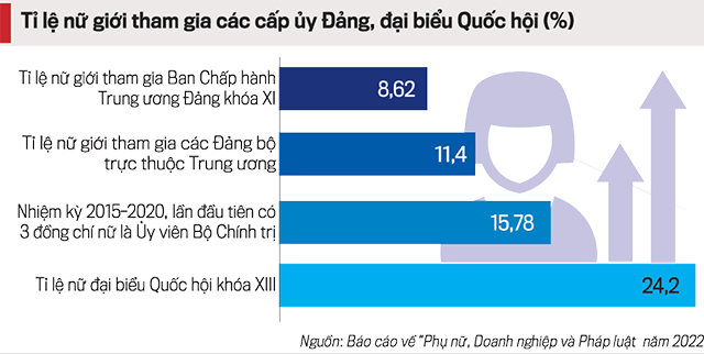 Tỷ lệ nữ giới tham gia cấp ủy Đảng, đại biểu Quốc hội.&nbsp;