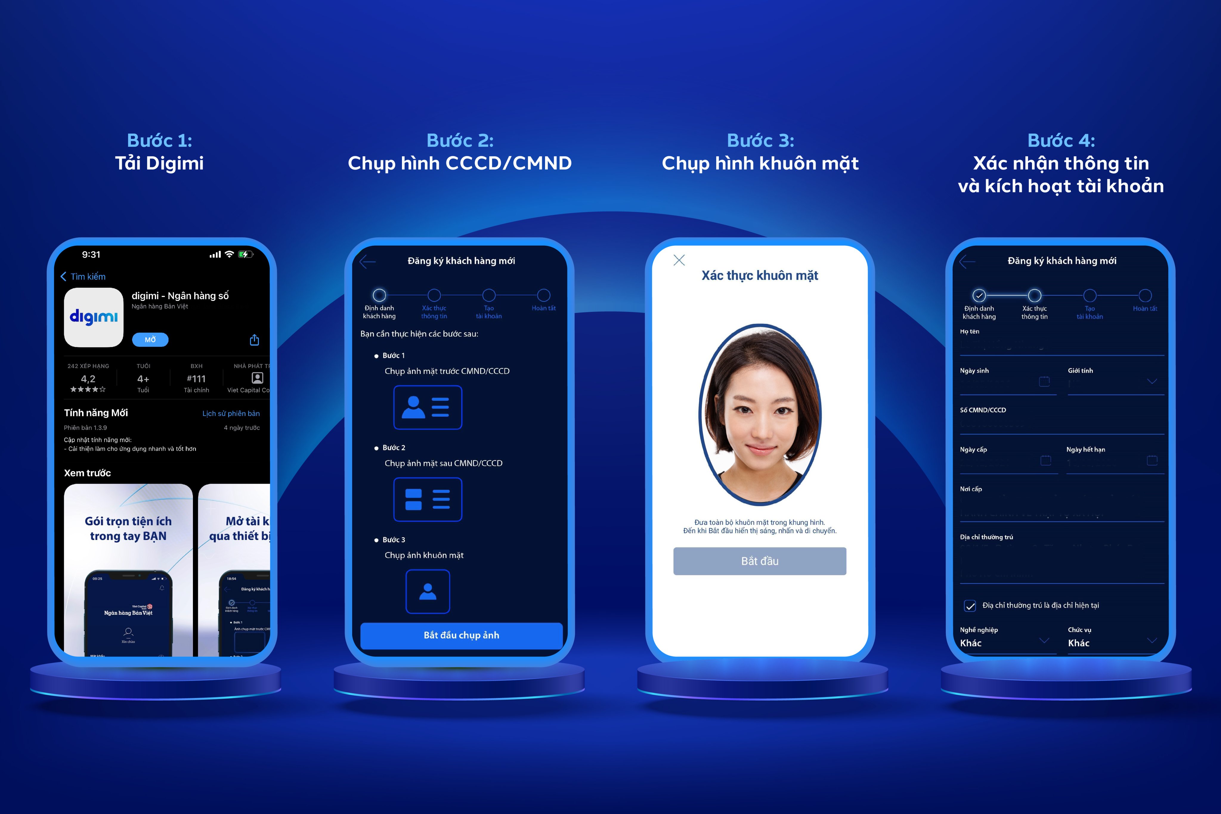 Kh&aacute;ch h&agrave;ng chỉ cần thực hiện theo 4 bước đơn giản l&agrave; c&oacute; thể sở hữu ngay t&agrave;i khoản kh&ocirc;ng tốn một chi ph&iacute; n&agrave;o từ Bản Việt.