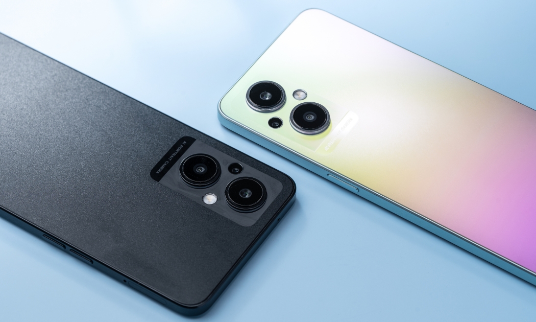 OPPO Reno7 Z 5G sở hữu thiết kế viền vuông cổ điển, siêu mỏng chỉ 7.49mm với hai phiên bản màu Bạc cầu vồng và Đen vô cực.