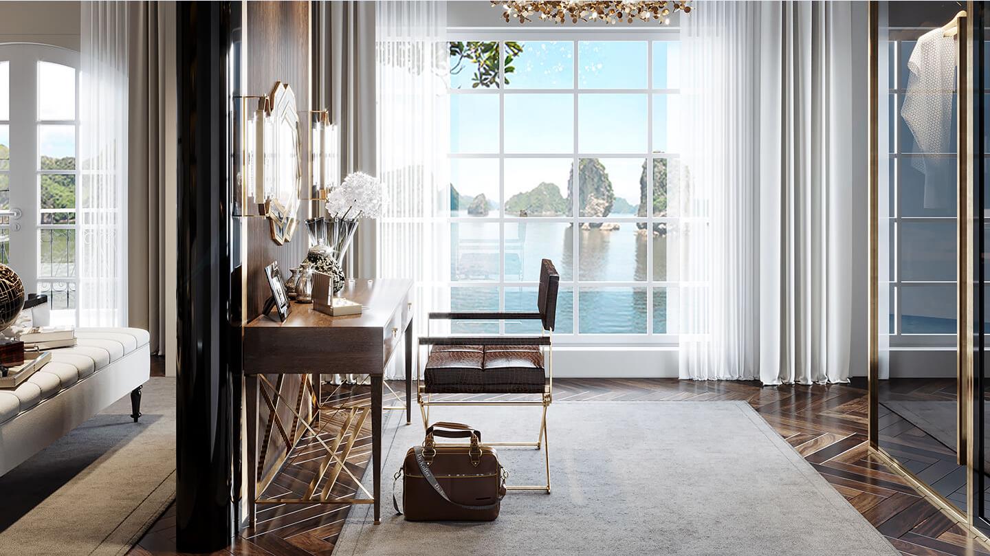 Tại The Sapphire Mansions, từng kh&ocirc;ng gian d&ugrave; l&agrave; nhỏ nhất cũng ngắm được cảnh thi&ecirc;n nhi&ecirc;n kỳ vĩ b&ecirc;n vịnh kỳ quan.