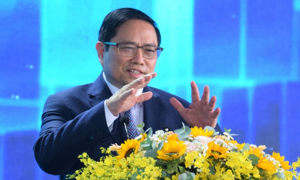 Thủ tướng Phạm Minh Chính phát biểu tại Lễ Động thổ Khu Công nghiệp Việt Nam - Singapore III (VSIP III) tại tỉnh Bình Dương. Ảnh:  VOV