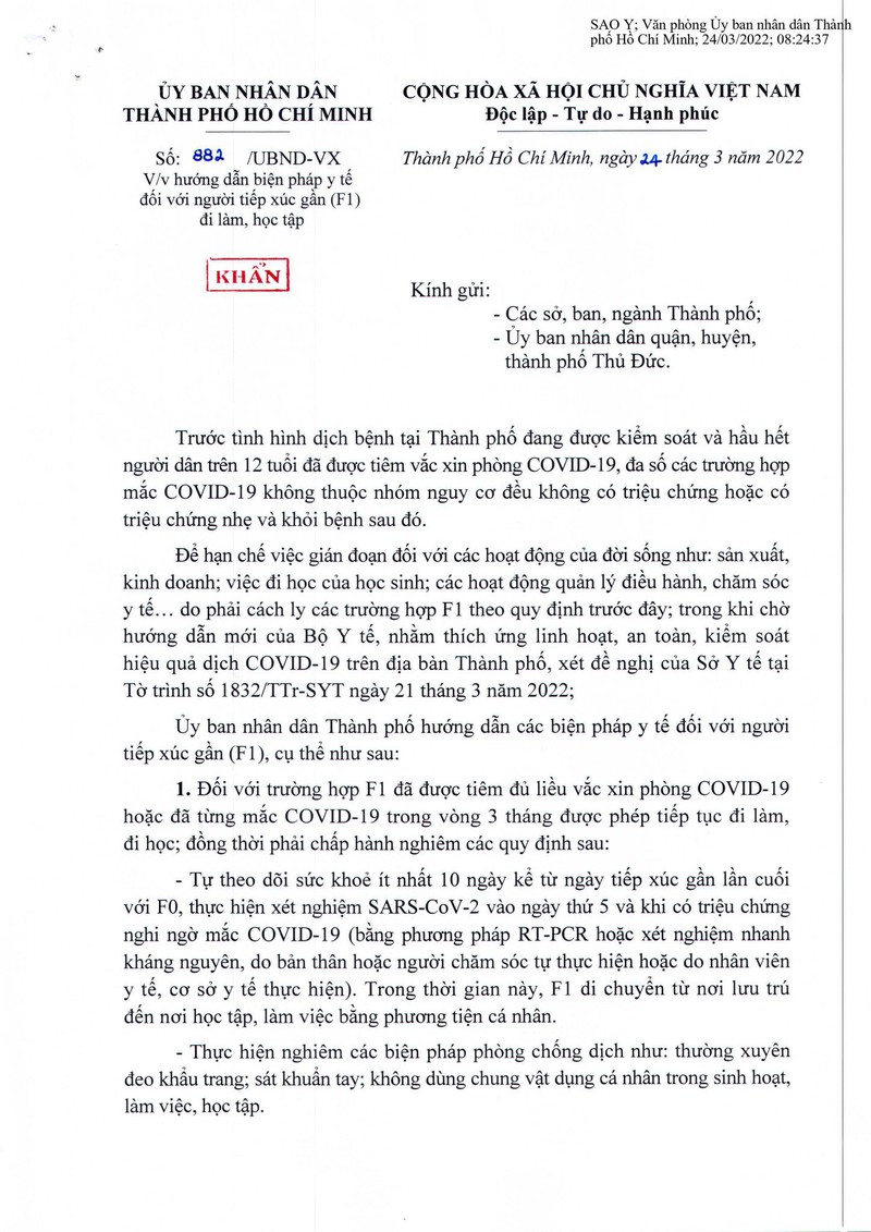 Văn bản khẩn số 882/UBND-VX của Ủy ban nh&acirc;n d&acirc;n TP.HCM