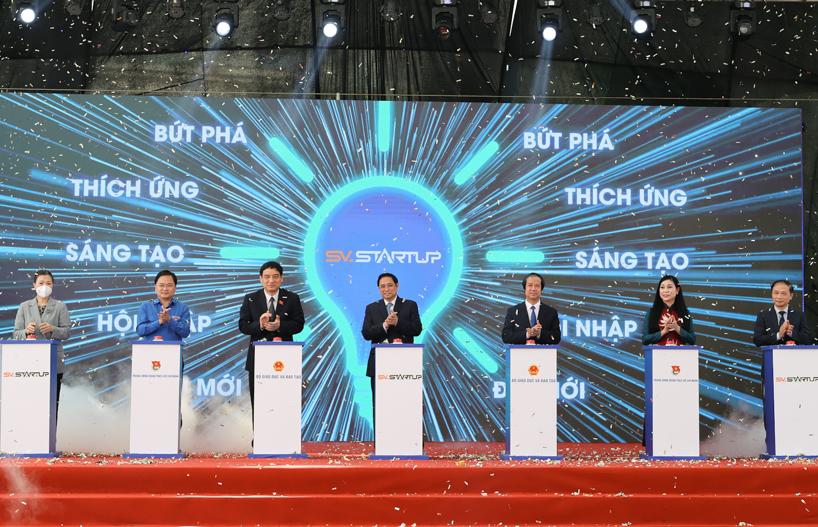 Thủ tướng Phạm Minh Ch&iacute;nh c&ugrave;ng c&aacute;c đại biểu thực hiện nghi thức nhấn n&uacute;t ph&aacute;t động Ng&agrave;y hội khởi nghiệp quốc gia của học sinh, sinh vi&ecirc;n lần thứ 4 - Ảnh: VGP