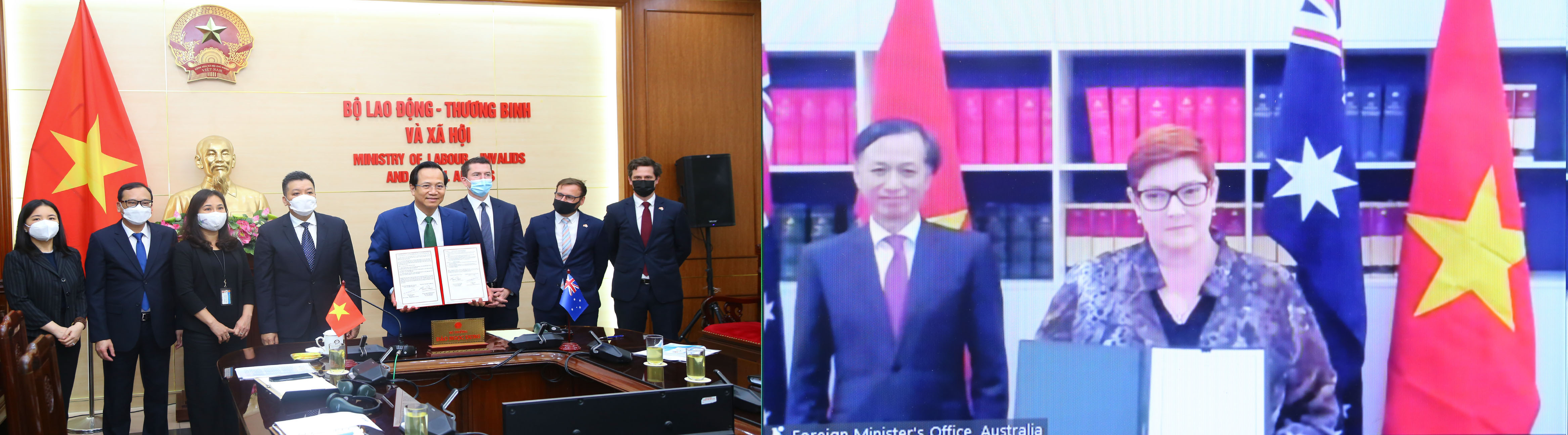 Bộ trưởng Đ&agrave;o Ngọc Dung v&agrave; Bộ trưởng Bộ Ngoại giao v&agrave; Thương mại Australia Marise Payne k&yacute; Bản ghi nhớ. Ảnh - MOLISA.&nbsp;