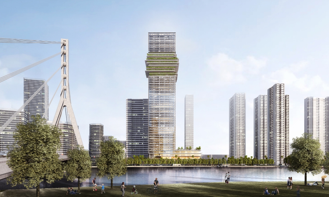 Tòa nhà văn phòng - trung tâm thương mại The Sun Tower trong khu phức hợp bất động sản hàng hiệu Grand Marina, Saigon. Ảnh: Masterise Homes.
