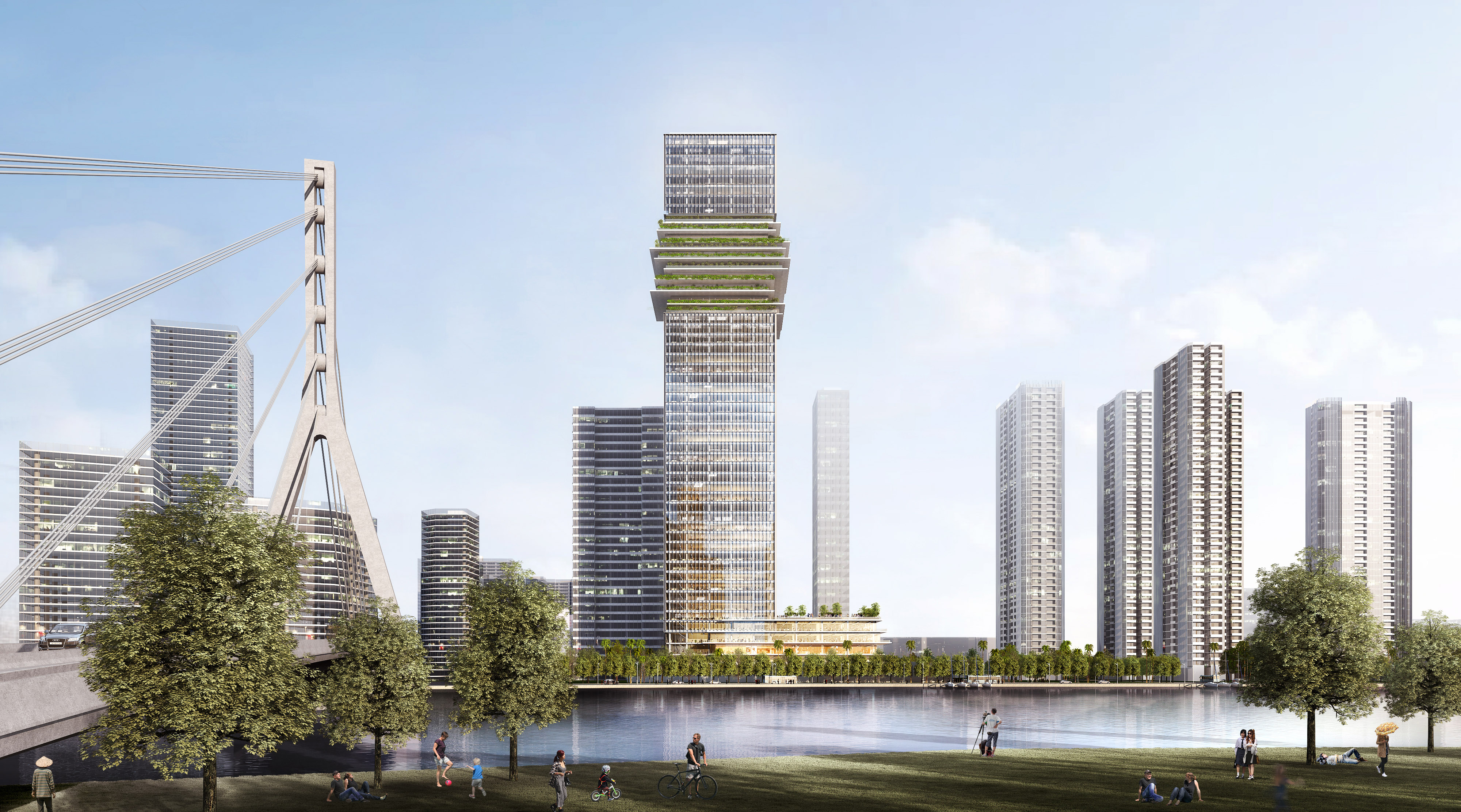 Tòa nhà văn phòng - trung tâm thương mại The Sun Tower trong khu phức hợp bất động sản hàng hiệu Grand Marina, Saigon. Ảnh: Masterise Homes.