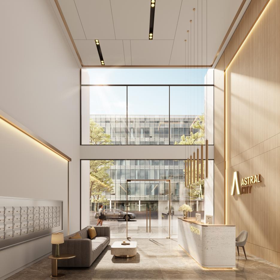 Sảnh đ&oacute;n sang trọng n&acirc;ng tầm đẳng cấp kh&ocirc;ng gian v&agrave; chất lượng dịch vụ tại Elitez by Astral City.