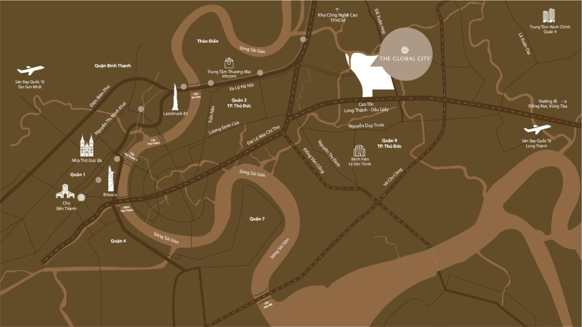 Vị tr&iacute; chiến lược của The Global City - khu &ldquo;downtown&rdquo; mới của Tp.HCM. Ảnh: Masterise Homes.