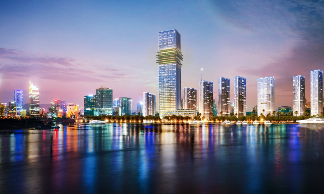 Tòa nhà văn phòng - trung tâm thương mại The Sun Tower trong khu phức hợp bất động sản hàng hiệu Grand Marina, Saigon. Ảnh: Masterise Homes.