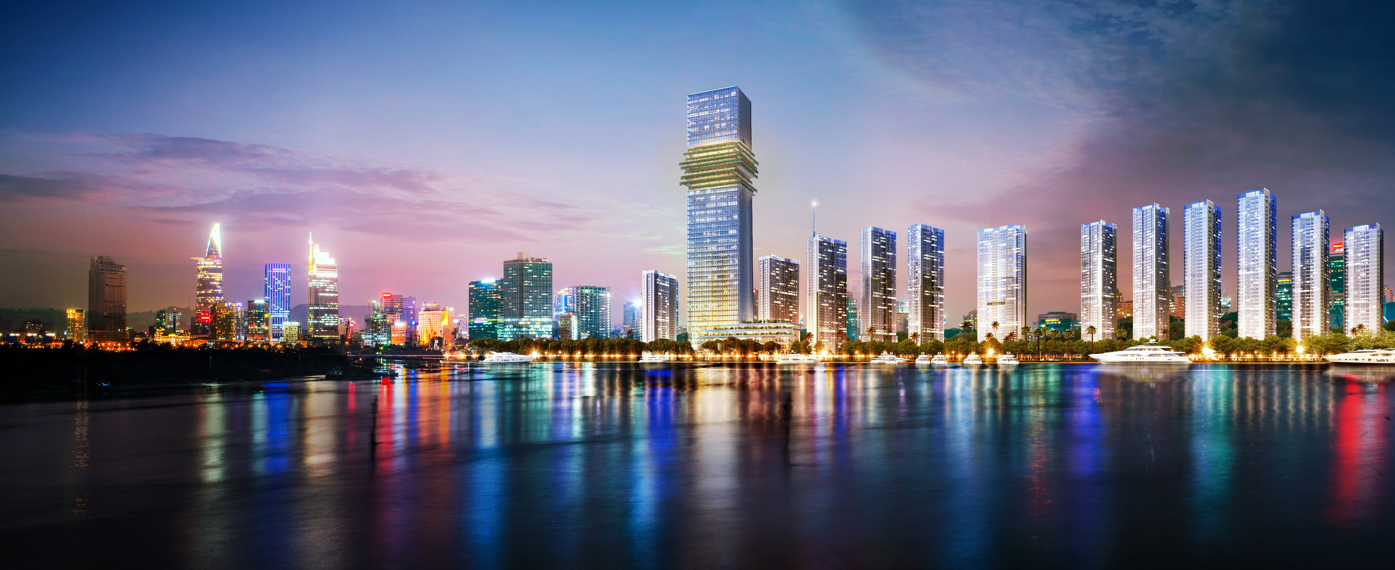 Tòa nhà văn phòng - trung tâm thương mại The Sun Tower trong khu phức hợp bất động sản hàng hiệu Grand Marina, Saigon. Ảnh: Masterise Homes.