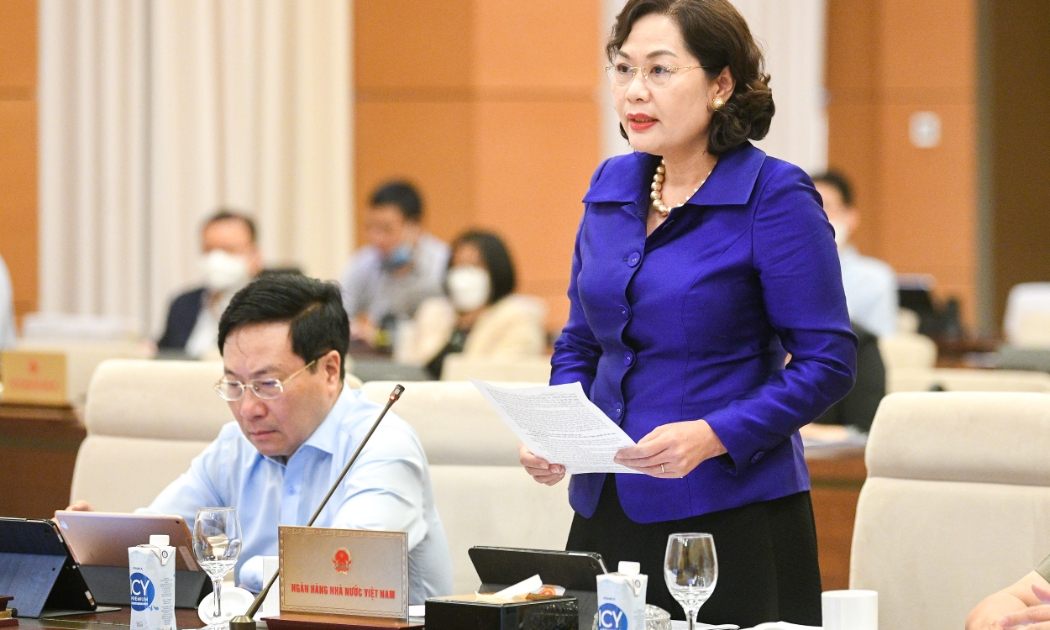 Bà Nguyễn Thị Hồng, Thống đốc Ngân hàng Nhà nước phát biểu tại phiên họp
