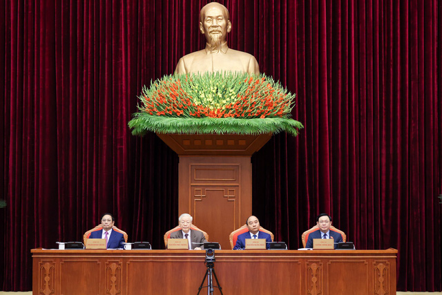 Tổng Bí thư Nguyễn Phú Trọng, Chủ tịch nước Nguyễn Xuân Phúc, Thủ tướng Chính phủ Phạm Minh Chính, Chủ tịch Quốc hội Vương Đình Huệ đồng chủ trì hội nghị - Ảnh: VGP