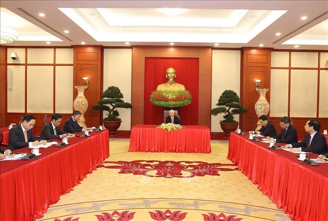 Tổng Bí thư điện đàm với Thủ tướng Ấn Độ tại trụ sở Trung ương Đảng chiều 15/4 - Ảnh: TTXVN