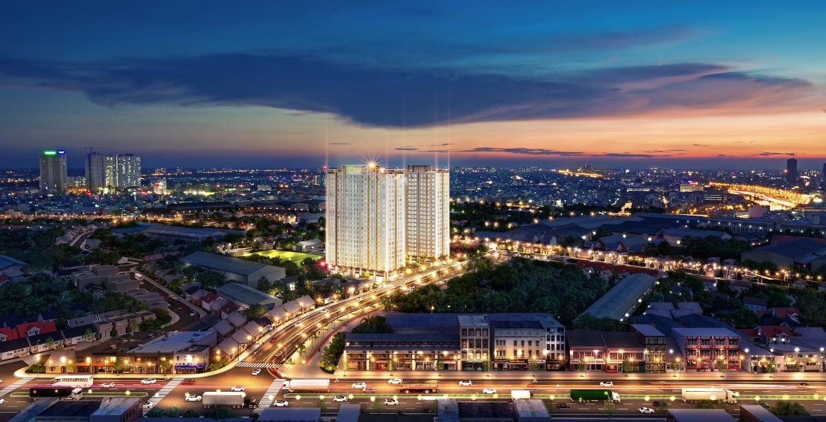 Phối cảnh dự &aacute;n Tecco Felice Homes về đ&ecirc;m với tầm nh&igrave;n bao qu&aacute;t th&agrave;nh phố Thuận An từ Skypark tầng 22.