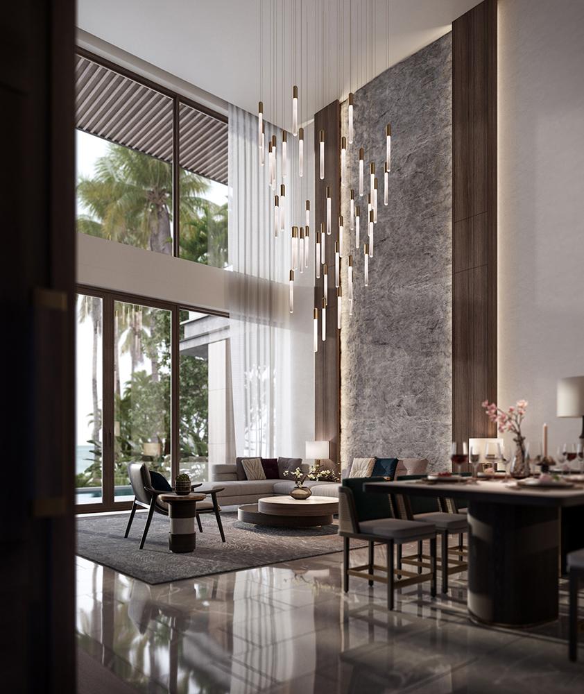 Thiết kế chuẩn mực theo ti&ecirc;u ch&iacute; l&yacute; tưởng của một dinh thự biển si&ecirc;u sang với m&agrave;u sắc trang nh&atilde;, nội thất nhập khẩu cao cấp thuộc bộ sưu tập thiết kế giới hạn của &ocirc;ng ho&agrave;ng nội thất Minotti.