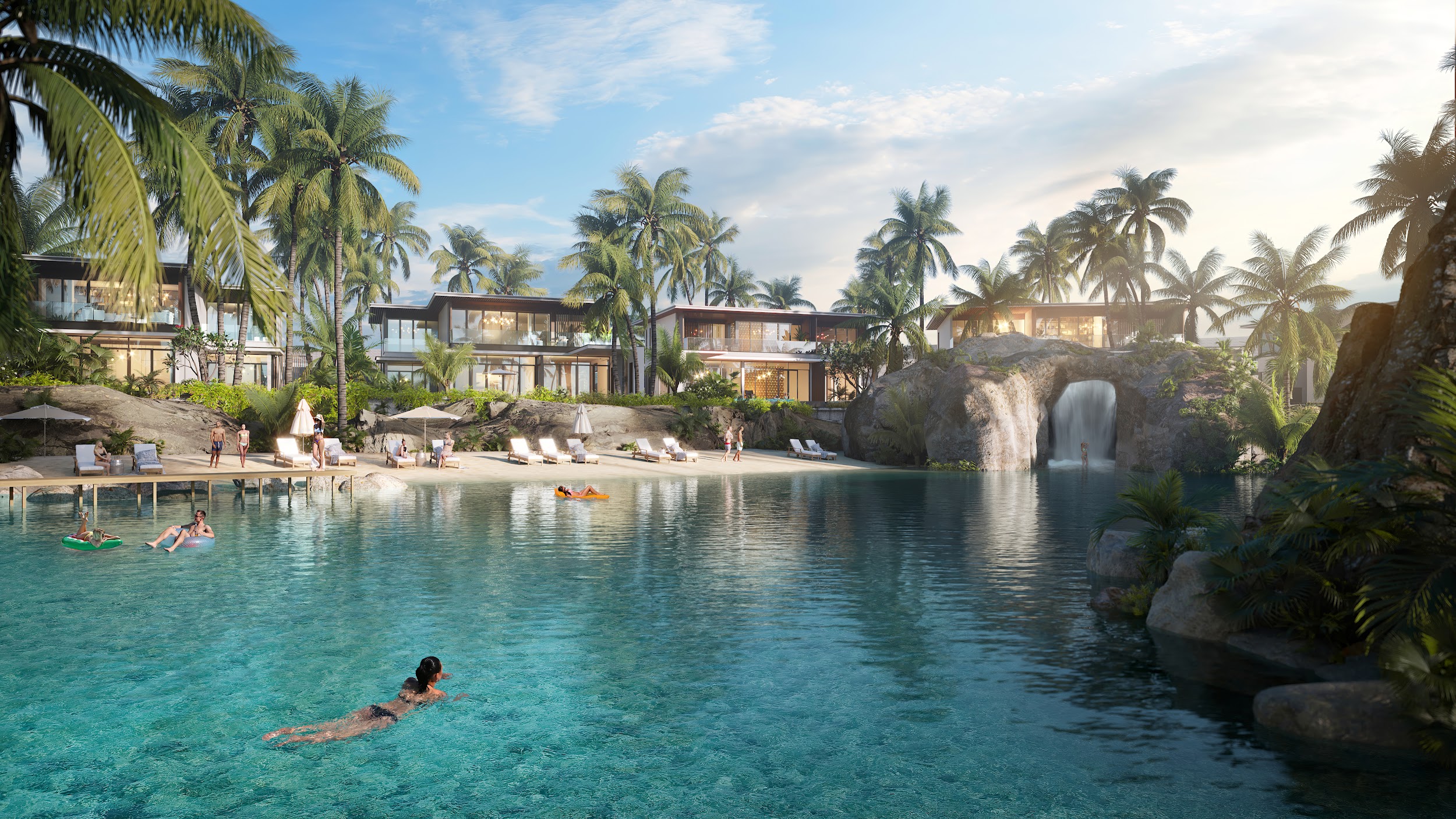 Hệ thống tiện ích quy mô lớn chưa từng có như hồ lagoon khoáng nóng rộng 4.000m2, spa hang đá tự nhiên,...