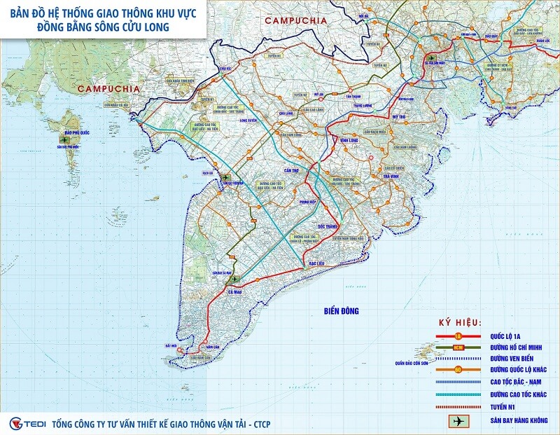 Bản đồ hệ thống giao th&ocirc;ng khu vực đồng bằng s&ocirc;ng Cửu Long. Ảnh: TEDI