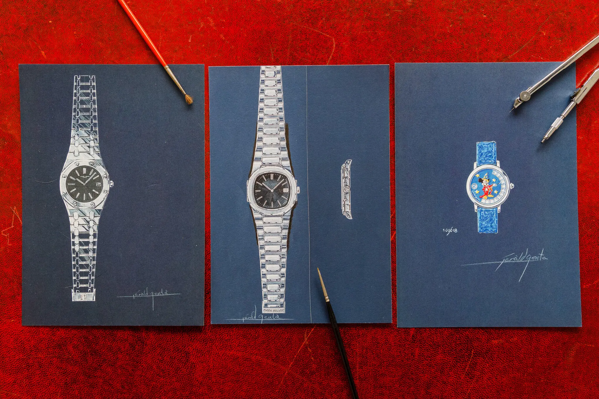 Từ tr&aacute;i qua:&nbsp;Bản ph&aacute;c thảo của Gerald Genta về đồng hồ Audemars Piguet Royal Oak, Patek Philippe Nautilus v&agrave; mẫu Fantasia từ bộ sưu tập Disney.