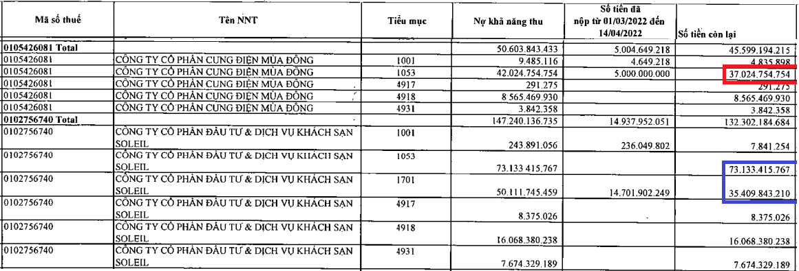 C&ocirc;ng ty Cổ phần đầu tư v&agrave; Dịch vụ Kh&aacute;ch sạn Soleil v&agrave; C&ocirc;ng ty Cổ phần Cung điện M&ugrave;a đ&ocirc;ng cũng nợ thuế 