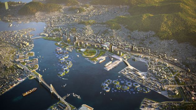 Toàn cảnh thành phố nổi nhìn từ trên cao. Oceanix Busan được xây dựng trên các nền tảng liên thông có tổng diện tích bề mặt hơn 6,2 hecta - Ảnh: Oceanix, BIG-Bjarke Ingels Group