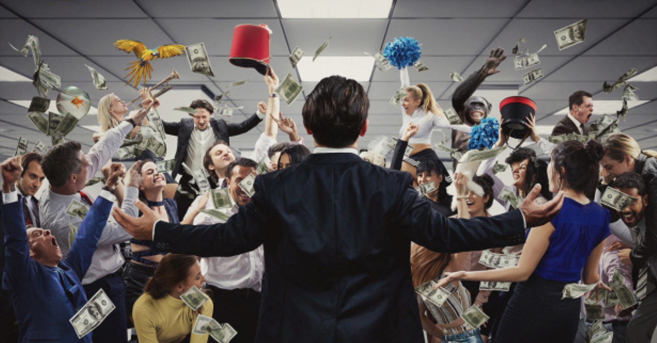 Ảnh minh hoạ về Jordan Belfort ăn mừng trong phim Sói già Phố Wall.