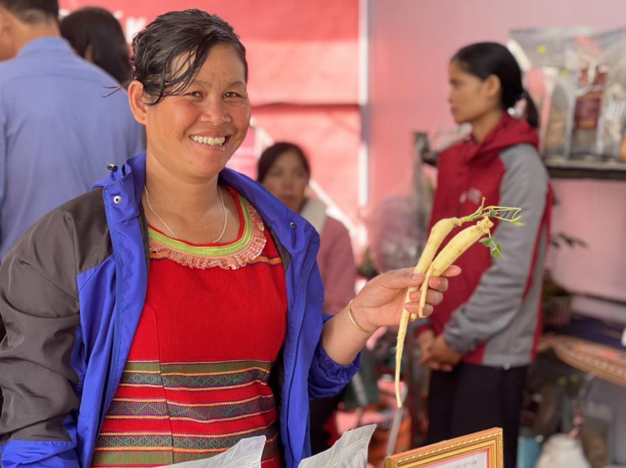 Chị Hồ Dan, hội vi&ecirc;n Hợp t&aacute;c x&atilde; Đăk Vi&ecirc;n phấn khởi v&igrave; c&aacute;c sản phẩm từ s&acirc;m Ngọc Linh của Đăk Vi&ecirc;n b&aacute;n được kh&aacute; nhiều tại hội chợ