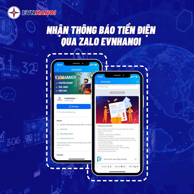 Nhận th&ocirc;ng b&aacute;o tiền điện tự động qua Zalo của EVNHANOI. Nguồn ảnh: EVNHANOI.