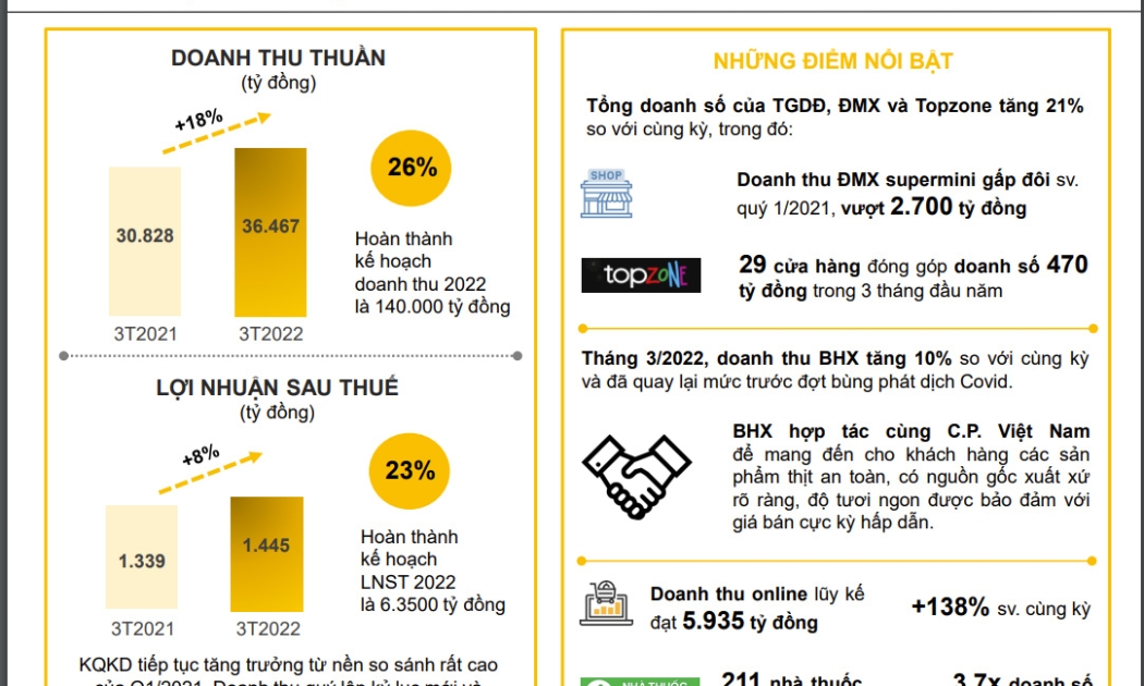 Tổng quan kết quả kinh doanh 3 tháng đầu năm 2022 của MWG.
