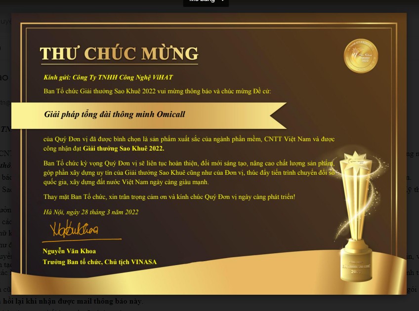 ViHAT nhận Thư chúc mừng từ Ban Tổ chức giải thưởng Sao Khuê 2022