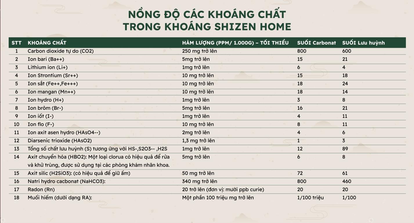 Nồng độ c&aacute;c kho&aacute;ng chất c&oacute; lợi cho sức khỏe c&oacute; trong tổ hợp kho&aacute;ng n&oacute;ng của Shizen Home.