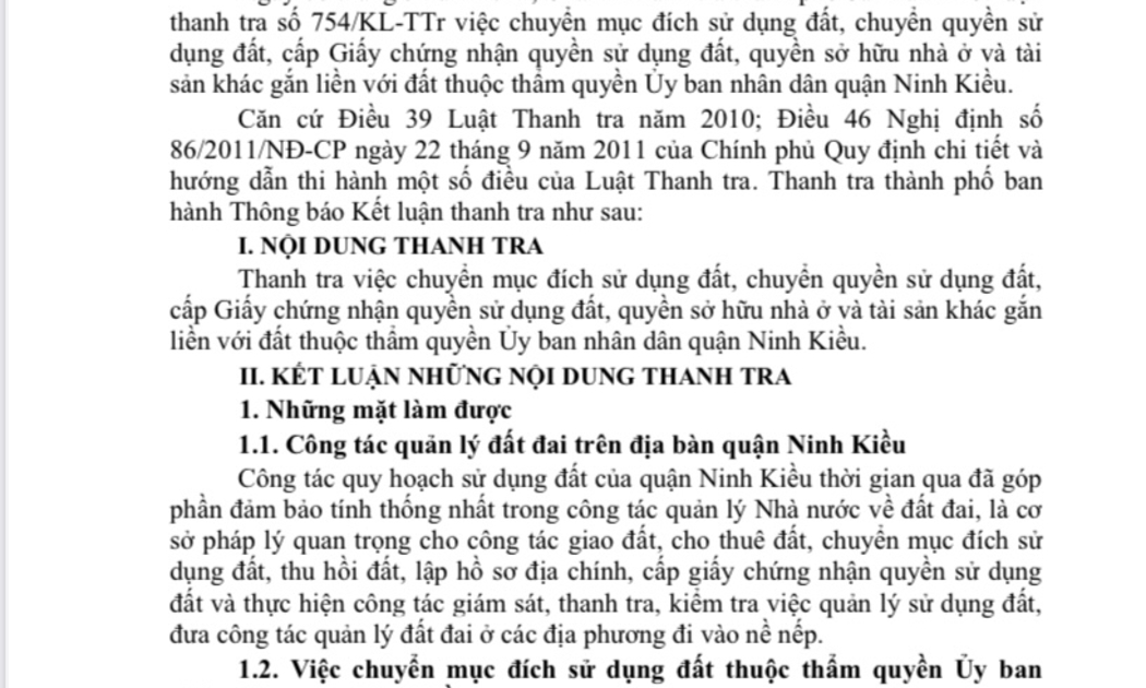 Thông báo của thanh tra TP.Cần thơ về đất đai ở quận Ninh Kiều.