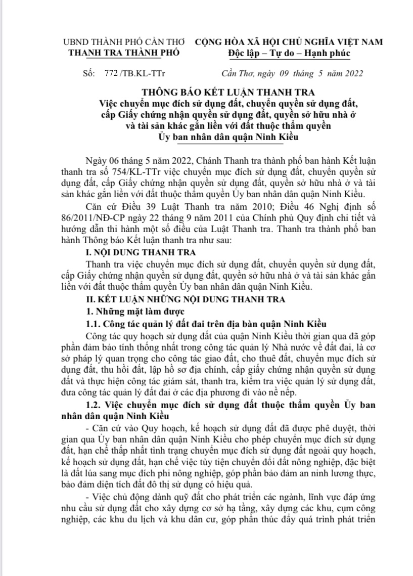 Thông báo của thanh tra TP.Cần thơ về đất đai ở quận Ninh Kiều.