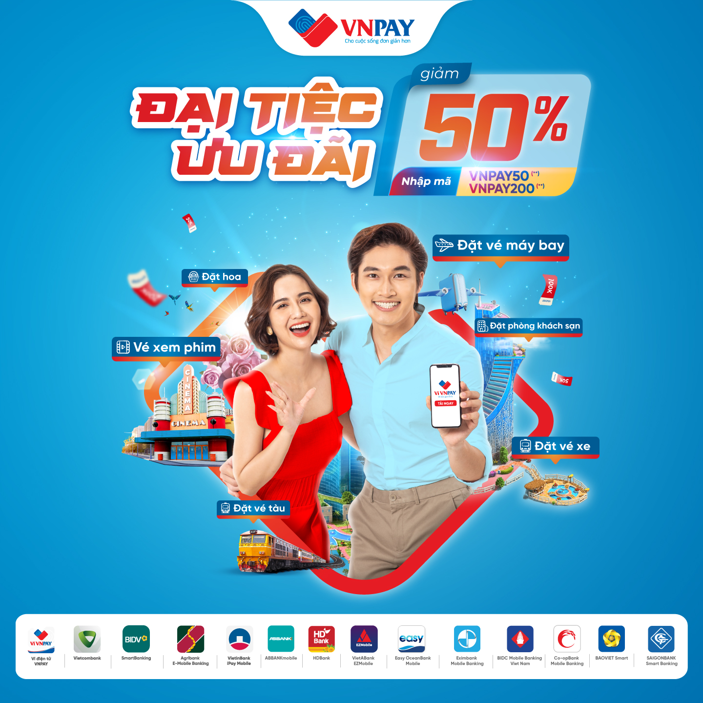 KV ưu đ&atilde;i ngay 50% khi sử dụng c&aacute;c tiện &iacute;ch di chuyển - giải tr&iacute; tr&ecirc;n ứng dụng ng&acirc;n h&agrave;ng v&agrave; v&iacute; VNPAY.