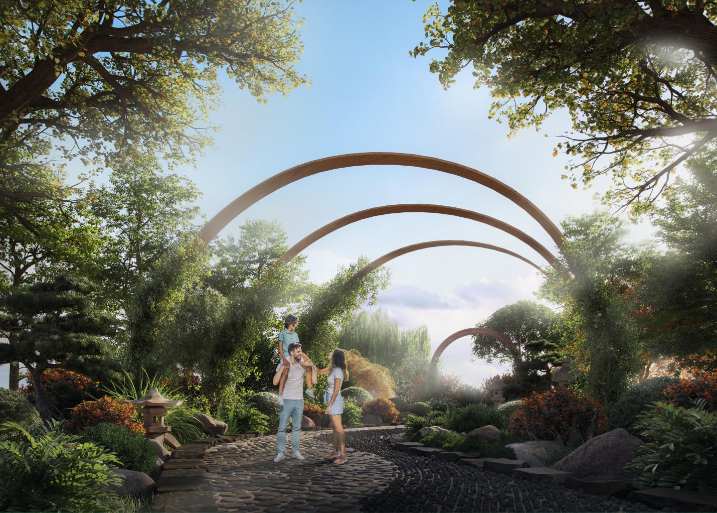 Một g&oacute;c vườn Nhật tại Shizen Home v&agrave;o buổi b&igrave;nh minh.