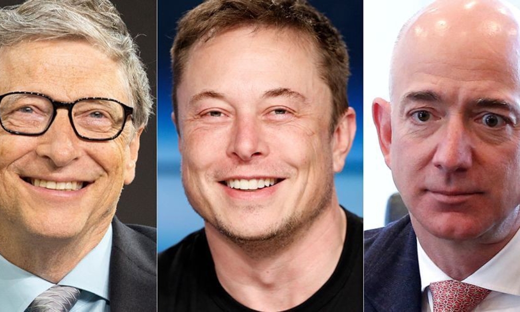 Ba tỷ phú công nghệ trong top giàu nhất thế giới. Từ trái qua: Bill Gates, Elon Musk, và Jeff Bezos.