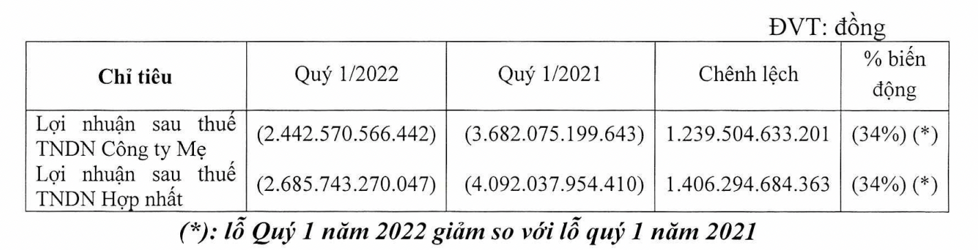 Khoản lỗ của HVN trong quý 1/2022.