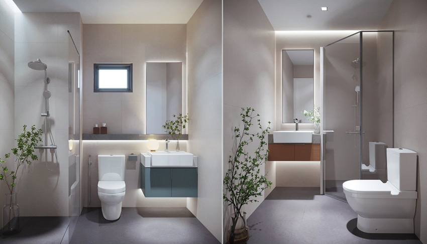 Phòng tắm được trang bị thiết bị đến từ Duravit và Hansgrohe.