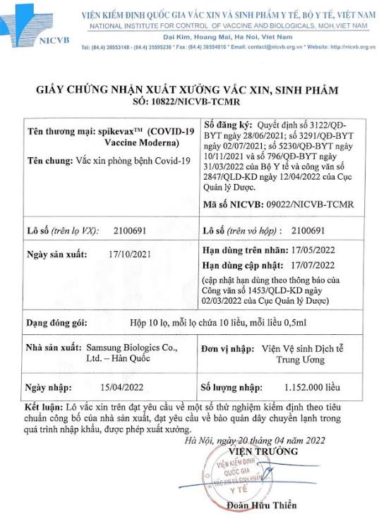 Hạn dùng lô vaccine đã được cập nhật tại Giấy chứng nhận xuất xưởng vaccine, sinh phẩm của Viện Kiểm định Quốc gia Vaccine và sinh phẩm y tế ngày 20/4/2022. Ảnh - Sở Y tế TP. HCM. 