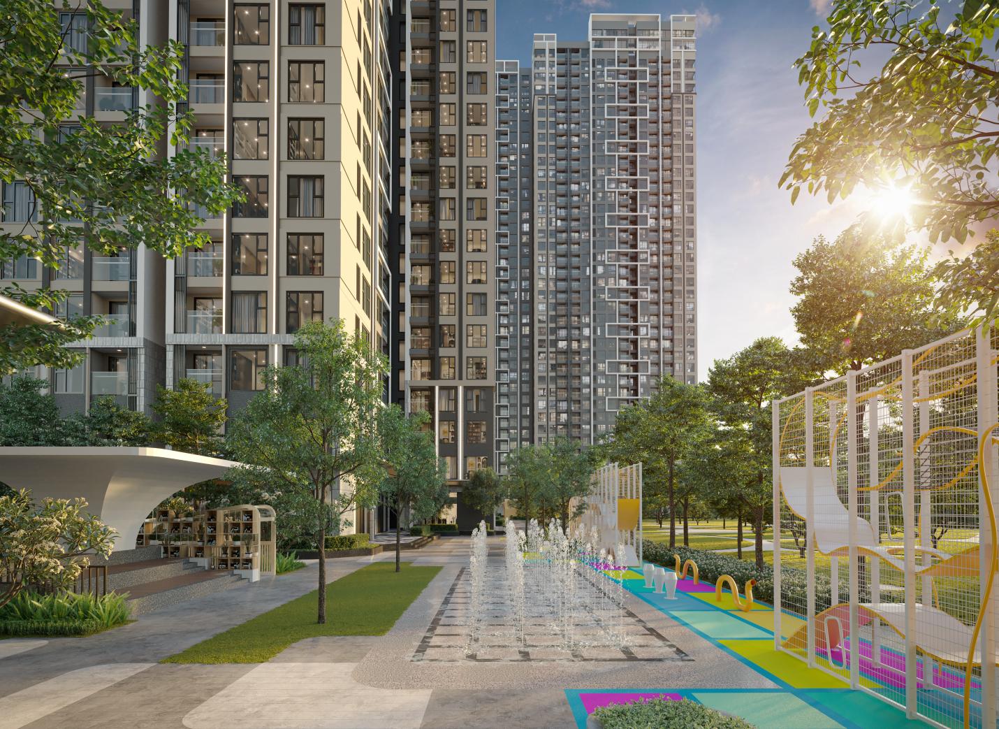 Không gian vui chơi ngoài trời kích thích sự sáng tạo cho con trẻ tại Masteri West Heights.