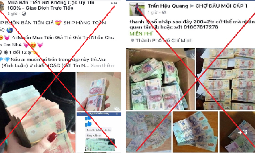 Hình ảnh các trang mạng xã hội quảng cáo, rao bán tiền giả.