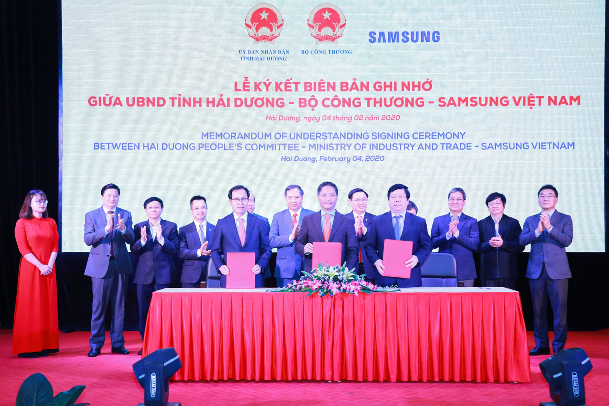 Lễ ký kết biên bản ghi nhớ giữa Bộ Công thương - tỉnh Hải Dương - Samsung vào tháng 2/2020. 