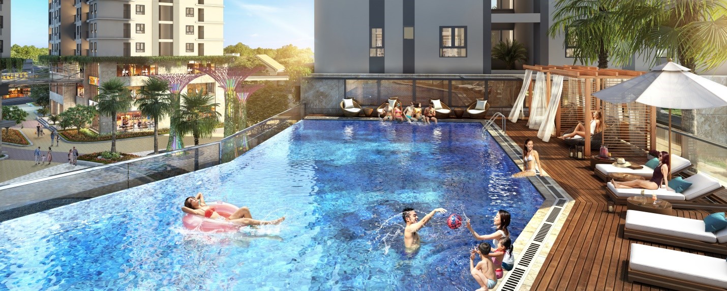 Bể bơi v&ocirc; cực ở khoảng kh&ocirc;ng gian nối giữa hai t&ograve;a nh&agrave; l&agrave; một điểm nhấn độc đ&aacute;o của dự &aacute;n.