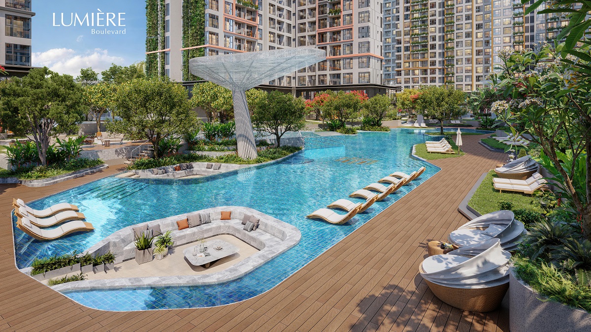 Hồ bơi phi thuyền vượt chuẩn Olympic tại Lumière Boulevard (Vinhomes Grand Park).