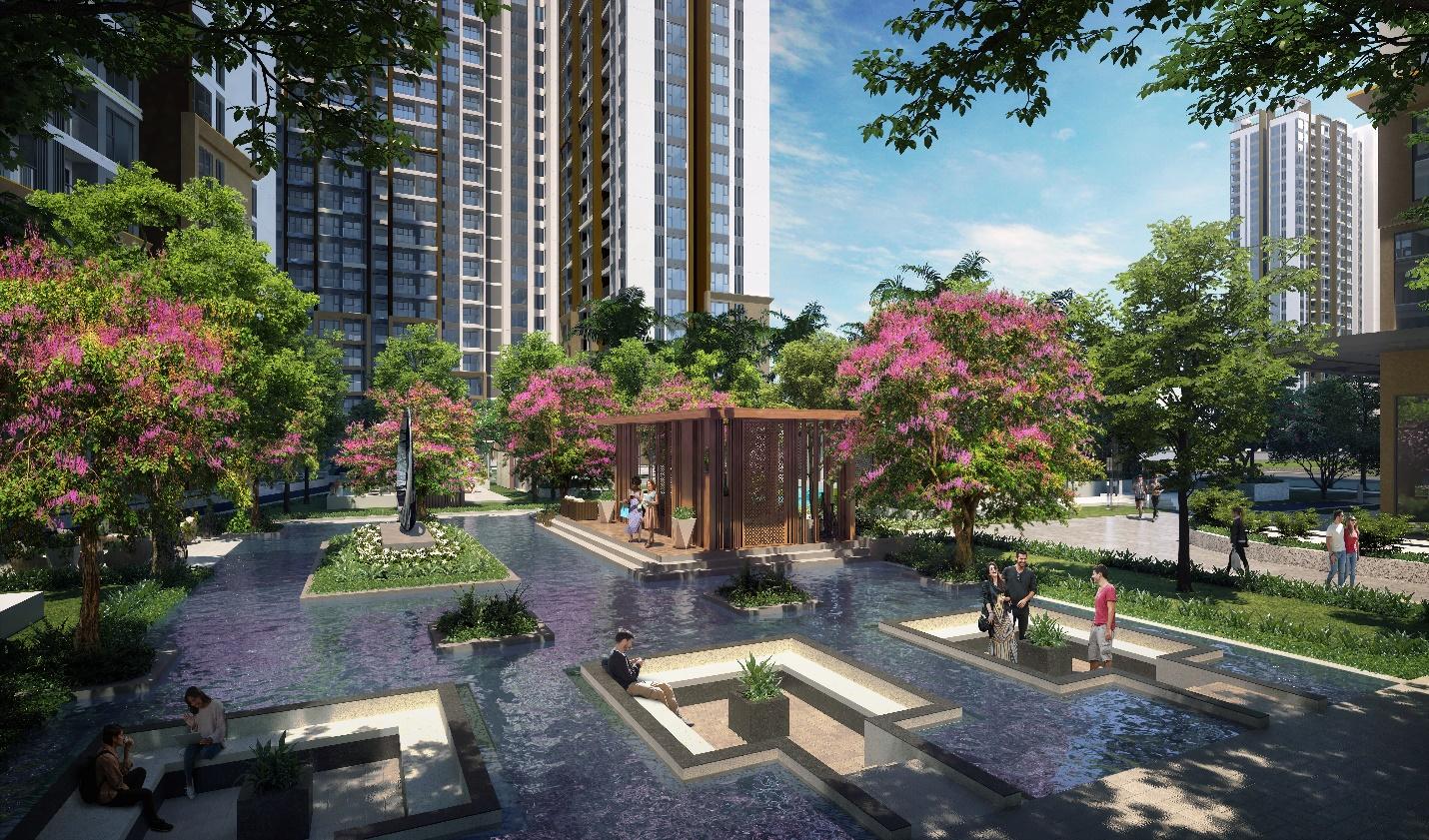 Sunken lounge trở th&agrave;nh điểm nhấn đẹp mắt, đầy thư gi&atilde;n của cả khu vườn tản bộ dưới ch&acirc;n c&aacute;c t&ograve;a nh&agrave;.