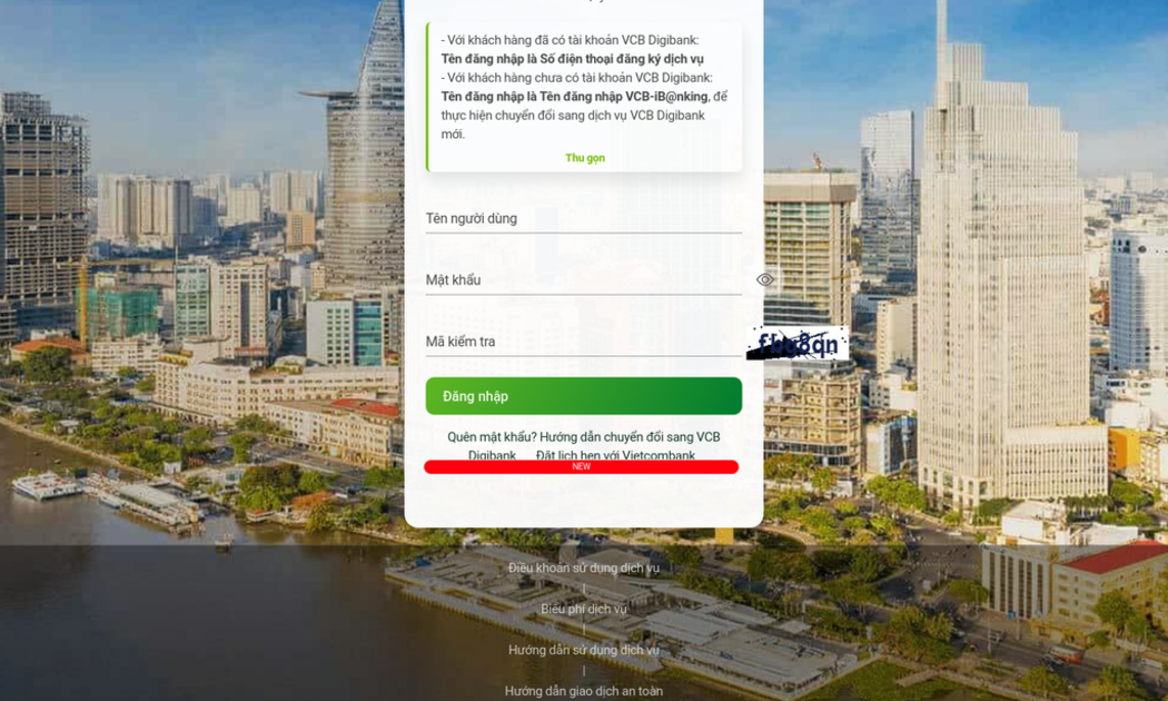 Hình minh họa về trang web lừa đảo giả mạo của Vietcombank.