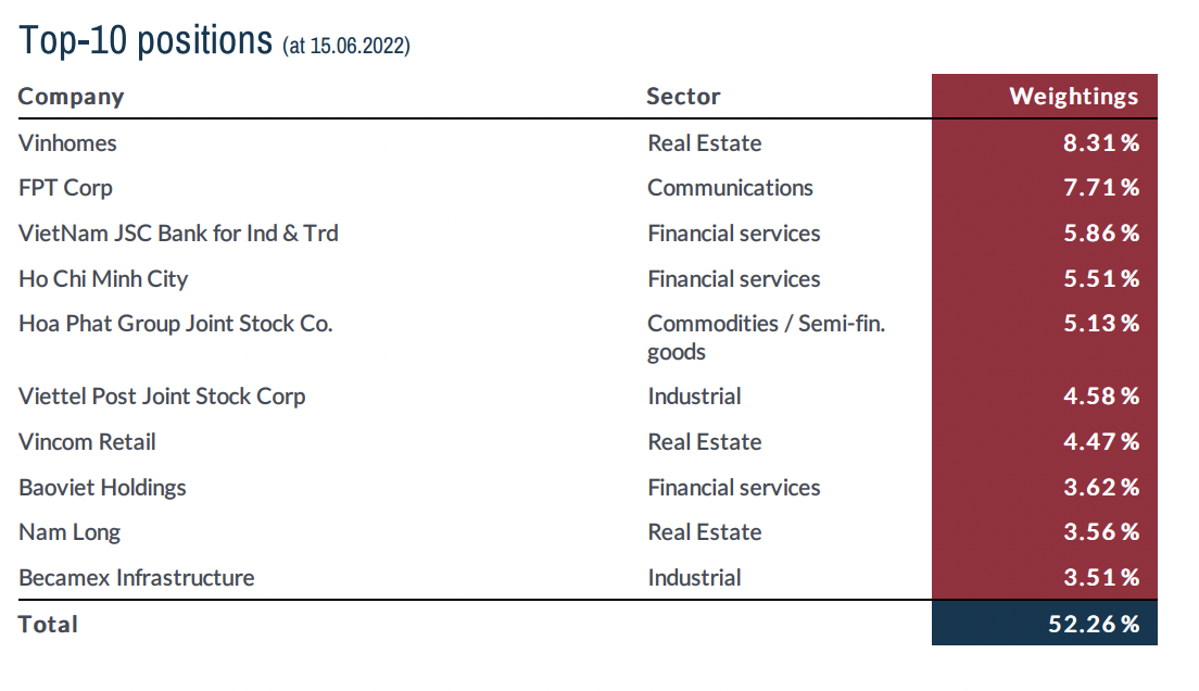Top 10 cổ phiếu trong danh mục đầu tư của Lumen Vietnam Fund.
