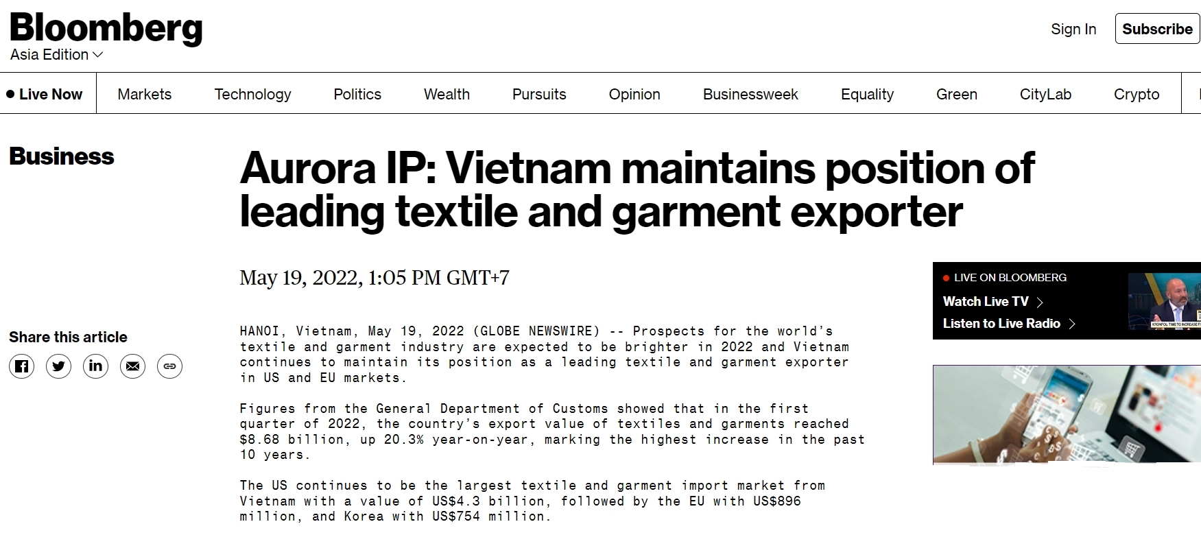 Aurora IP xuất hiện tr&ecirc;n Bloomberg.