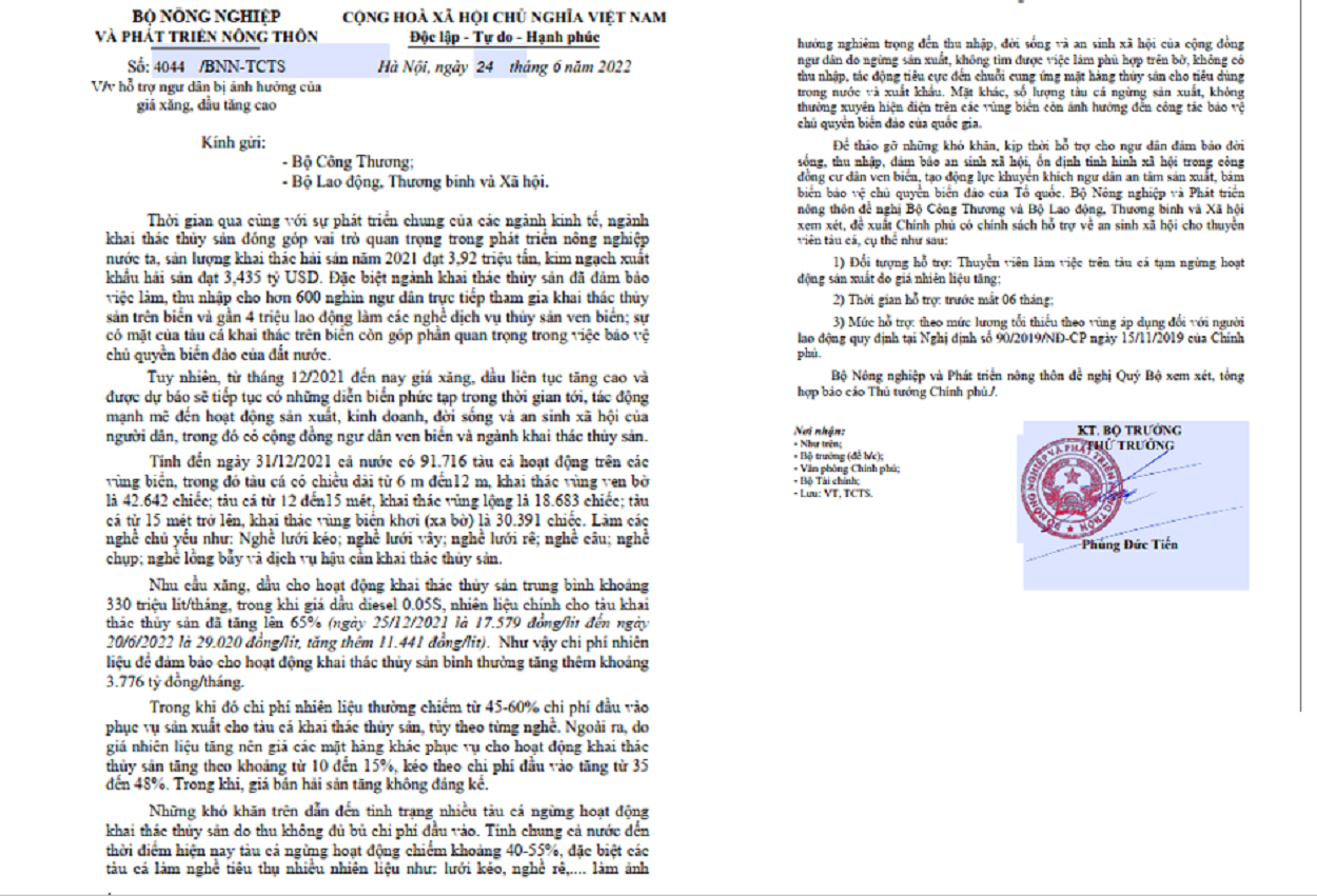 C&ocirc;ng văn của Bộ N&ocirc;ng nghiệp v&agrave; Ph&aacute;t triển n&ocirc;ng th&ocirc;n.