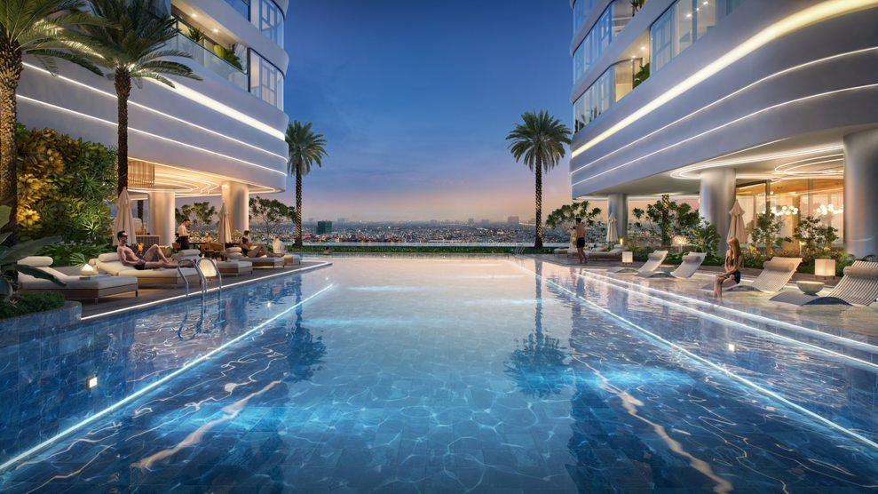 Hồ bơi trên cao với tầm nhìn “triệu đô” mang đến âm hưởng resort giữa lòng thành phố.
